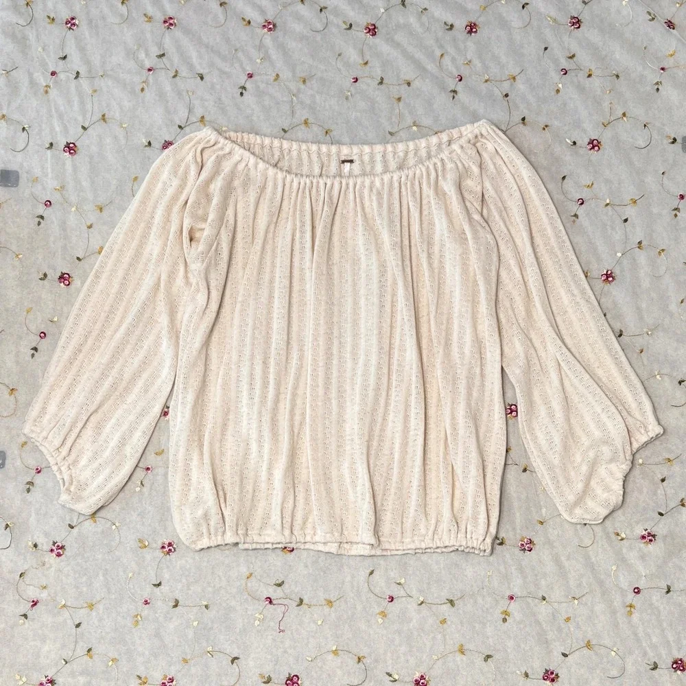 Free People Peasant Top Boat Off Shoulder Cream Pointelle Knit Long Sleeve Large_2